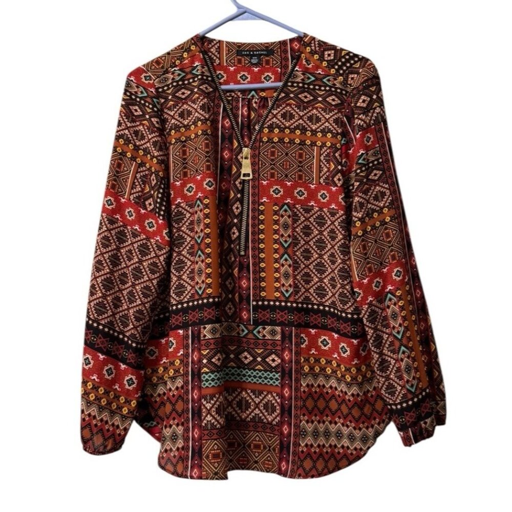 Zac & Rachel Women‎ Size M Blouse Long Sleeve Gold Zip Aztec Polyester Office